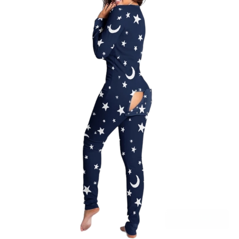 Women's One Piece Stars & Moons Button Up Jumpsuit Pajamas- Large